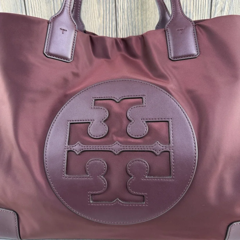 Tory Burch Ella Large Tote Bag Burgundy Nylon Leather Logo Shoulder Handbag